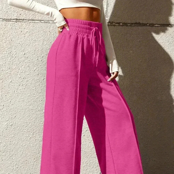 Hot Pink Women's Drawstring Waist Loose Wide Leg Palazzo Pants - Picture 4 of 5